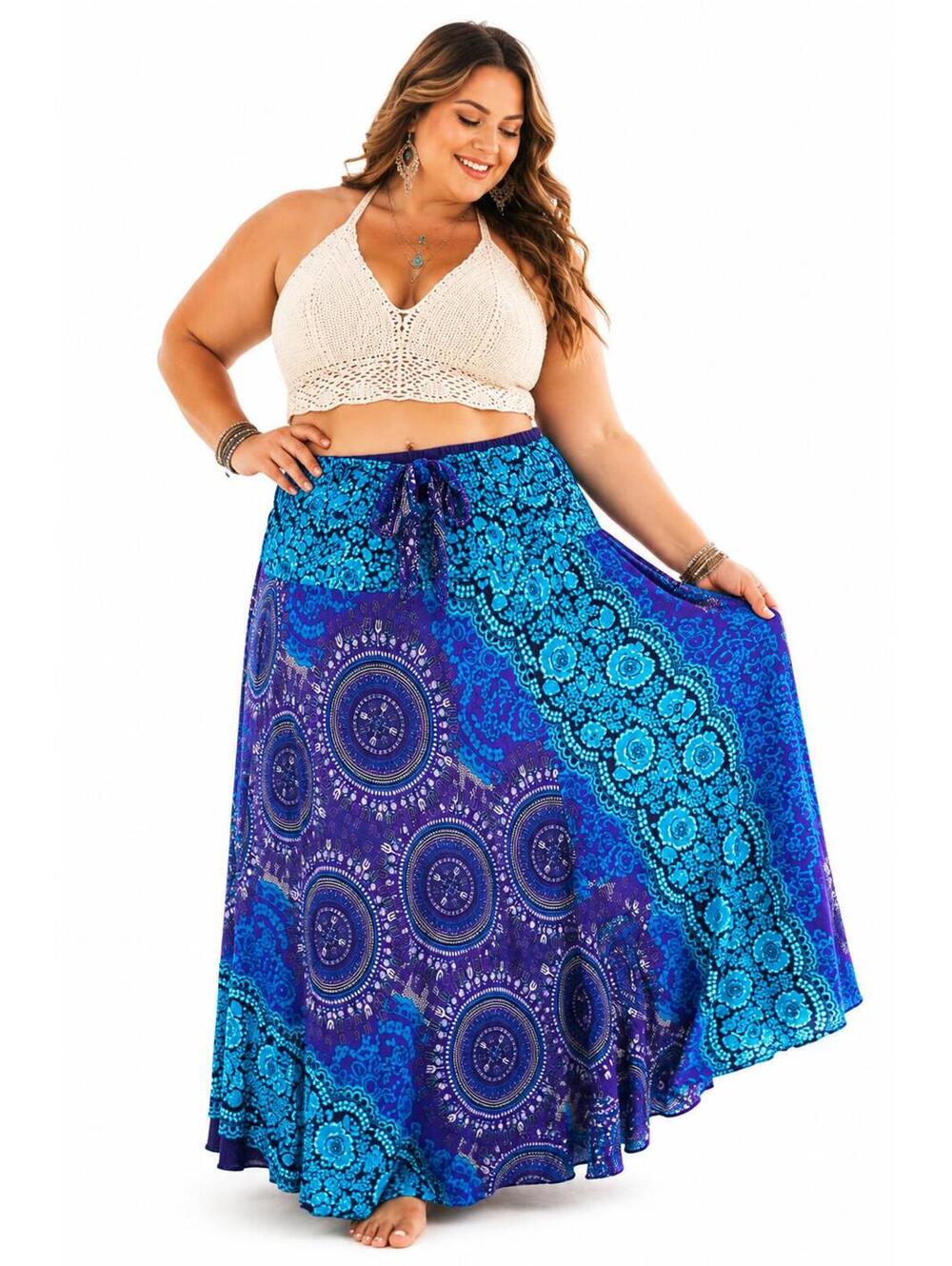 Bangkok Pants Boho Maxi Skirt Blue Purple Mandala Print PLUS 20-24 (2XL/3XL)